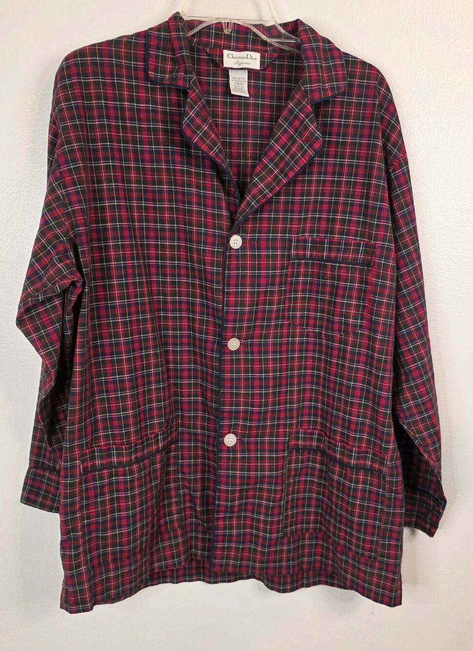 Christian Dior Pyjama Men Long Sleeve Pajama Top Button Up Large Red Green Plaid